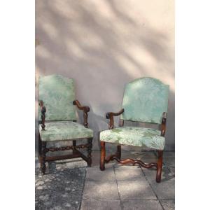 Suite Of Two Walnut Armchairs, 17th Century.