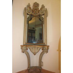 Corner Console And Its Polychrome Mirror, Louis XVI Period, 18th Century, Italy.