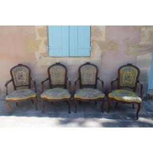 Set Of Four Cabriolet Armchairs, Louis XV Period, 18th Century, Stamped Pillot. Nîmes.