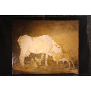 Cow And Her Calf, Oil On Canvas, French School, 18th Century.