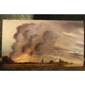 The Fire, Oil On Wood, Northern School, 17th Century