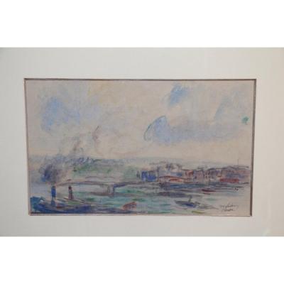 Albert Lebourg, (1849-1928), Watercolor On Paper Representing The City Of Rouen, 19th Century.