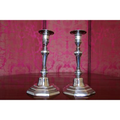 Candlesticks In Solid Silver, Hallmark Letter H Crowned, Signed F.f, First Half Of The 18th Cen