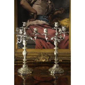 Pair Of Silvered Bronze Candelabra, First Half Of The 19th Century.