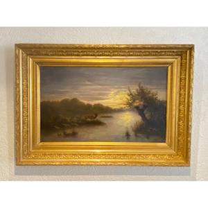 Oil Painting On Canvas Representing Deer At Dusk