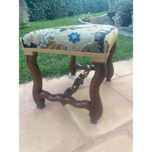 Louis Xlll Stool In Walnut With Petit Point Tapestry