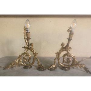 Pair Of Bronze Lamps With Figures