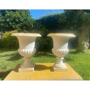 Pair Of 19th Century Cast Iron Medici Vases