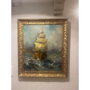 Three Masted Sailboat In Heavy Seas 