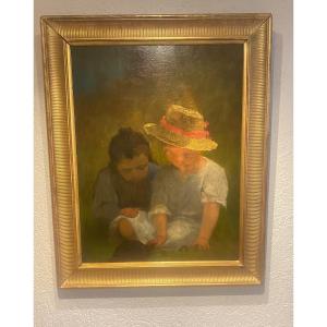Oil On Canvas Painting Depicting Two Children Playing With A Turtle 