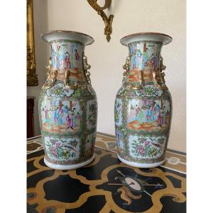 Pair Of Canton Porcelain Vases 