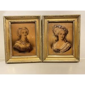 A Pair Of Portrait Paintings Mounted Under Glass, Late 19th Century
