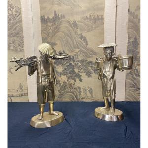 Bronze Peasant Couple, Indochina, Early 20th Century