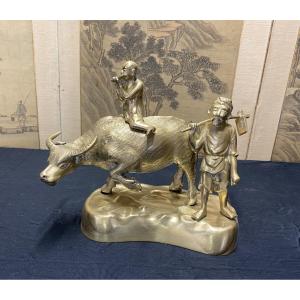 Bronze Group Of Indochinese Buffalo And Figures 