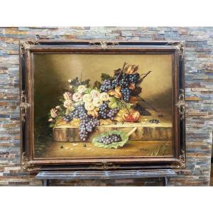 Large Still Life Painting With Roses And Bunches Of Grapes