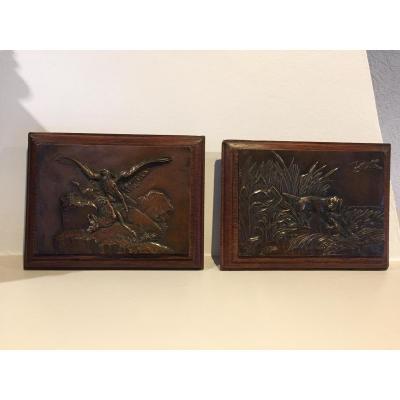 Two Plates Bronze Signed Barye 1796 1875