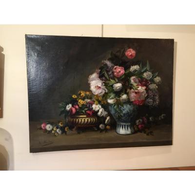 Big Oil On Canvas Flower Bouquet