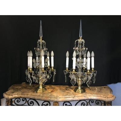 Pair Of Large Bronze Girandoles And Crystals 19th