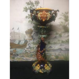 Spectacular Column And Earthenware Vasque From Sarguemine