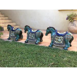 Suite Of Three Horses In Polychrome Enameled Earthenware Vietnam