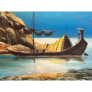 Landscape Painting On Framed Canvas, XXth Century, Burma