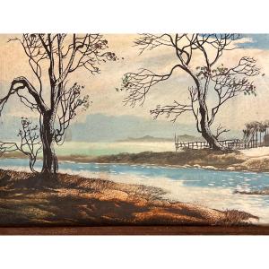 Landscape Painting On Framed Canvas, XXth Century, Burma
