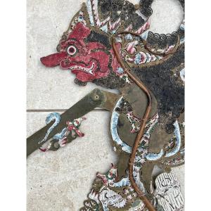 3 Buffalo Leather Puppets, Shadow Theater Bali Indonesia, XIXth Century