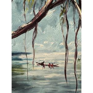 Jungle Landscape Painting On Framed Canvas, XXth Century, Burma