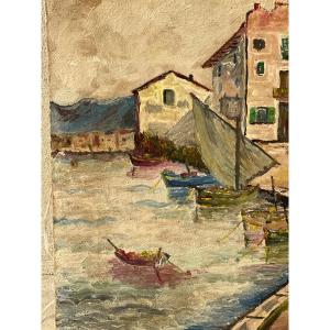 Marine Landscape Port Of Mediterranean Oil On Canvas Circa 1970