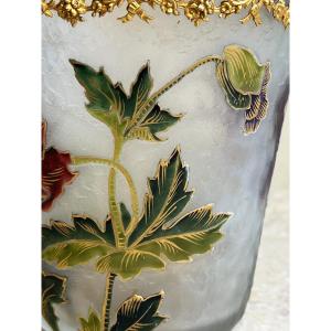 Ice Cube Bucket Acid Etched Glass Floral Decors 19th Century 