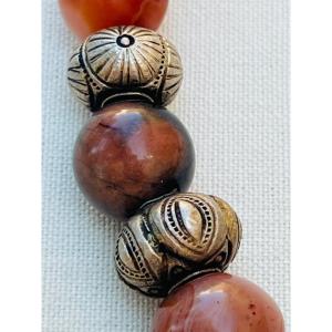 Burmese Silver Beads And Carnelian Choker Necklace