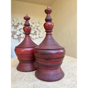Pair Of Small Red Lacquered Boxes From Burma, 19th Century 