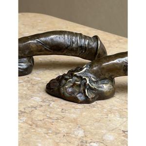 Pair Of Bronze Handles In The Shape Of A Phallus, 20th Century 