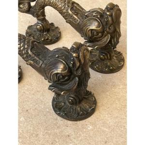 Pair Of Dolphin Shaped Bronze Handles Mandalay Foundry 20th Century