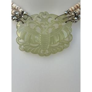 Multi-row Necklace With Glass Beads, Silver Washers, Medallion, Burmese Green Jade Clasp 