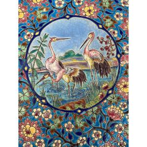 Large Longwy Enamel Dish With Art Deco Stork Decoration 