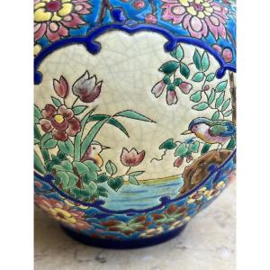 Longwy Enamel Vase Decorated With 2 Art Deco Kingfishers 