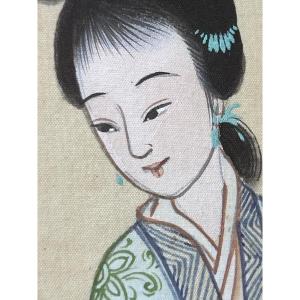Silk Painting Mid-19th Century Court Lady Stamped Japan