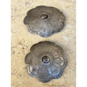 Pair Of Lahu Ethnic Silver Jacket Ornaments, 20th Century Burma 
