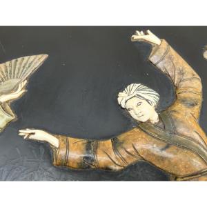 Chinese Coffee Table With Jade And Bone Figure Decoration, 20th Century 