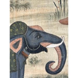 Indian Orientalist Painting Of A Tiger Hunt On Silk, Late 19th Century 