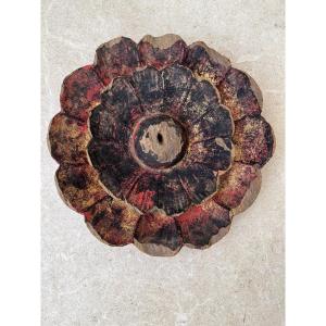 Polychrome Wood Temple Flower Medallion, Pagan, Burma.