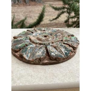 Temple Flower Medallion, Polychrome Wood, Bali, Indonesia.