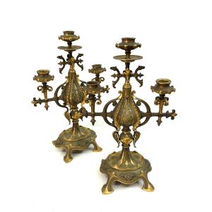 Pair Of Candelabra - Gilt Bronze And Patina - Geoffroy Dechaume - 1840