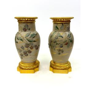 Pair Of Vases In Fine Gres And Gilded Bronze - Porcelaine Du Berry - Alfred Hache - 1885-1903
