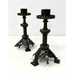 Pair Of Neogothic Candles - Bronze Patine - Mid 19th C.