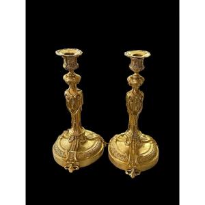 Pair Of Bronze Candlesticks, 19th Century