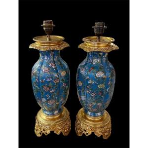 Pair Of Cloisonné And Gilt Bronze Lamps