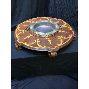 17th Century Brazier In Bronze And Copper On Walnut Wood Platform With Inlays