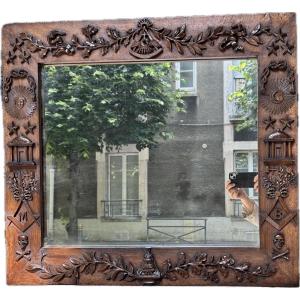 19th Century Walnut Mirror Richly Carved With Masonic Attributes